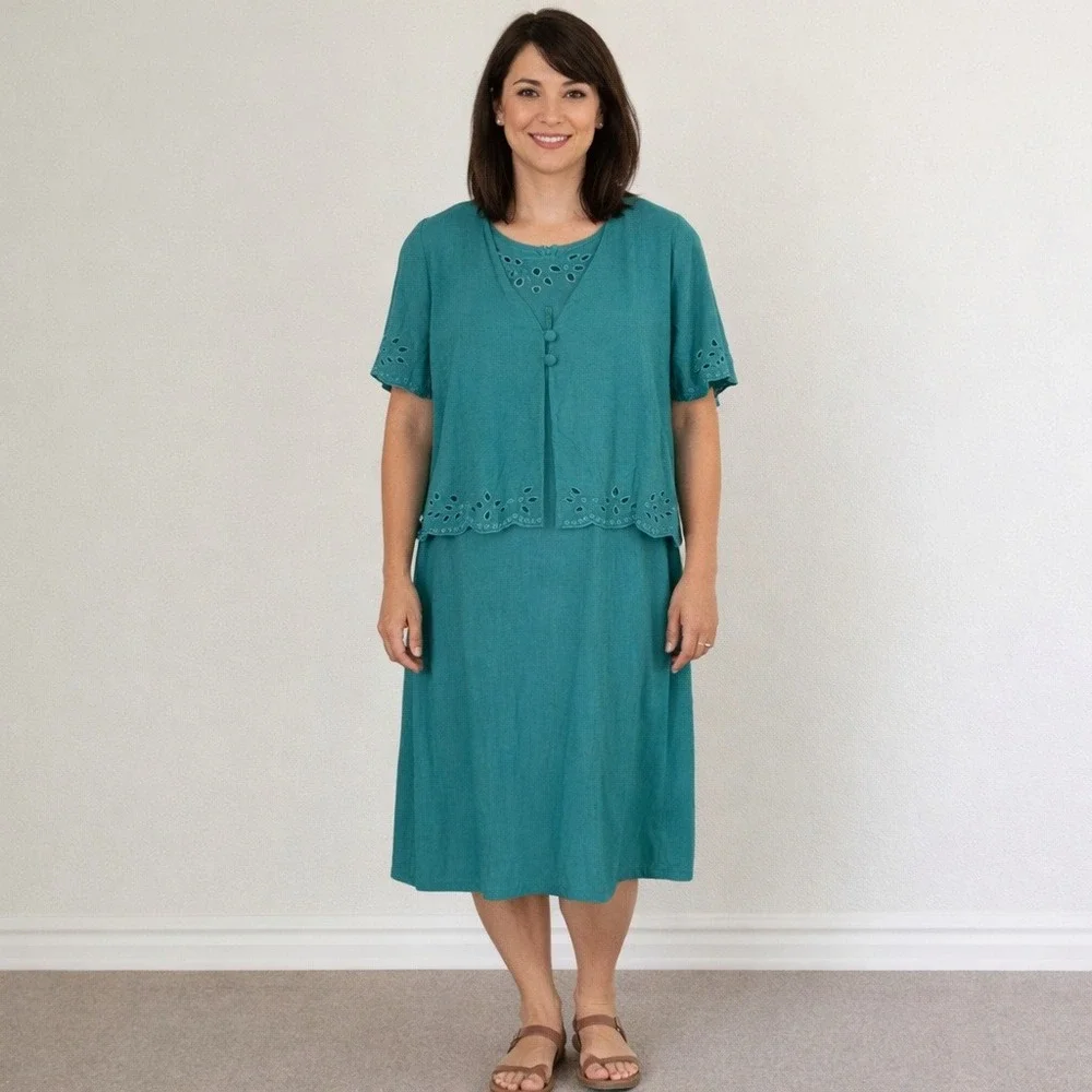 Vintage Y2K Coldwater Creek Jacket‎ Dress Set Medium Teal Eyelet Linen Blend